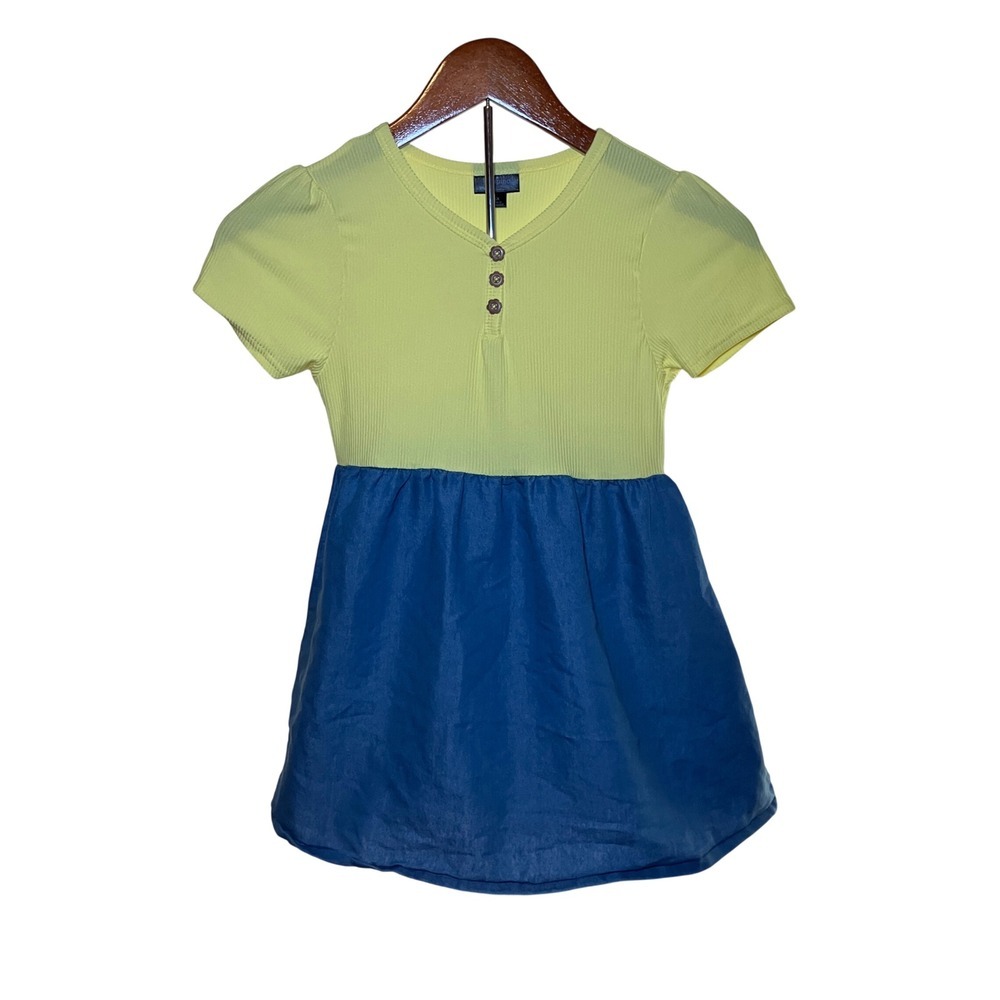 Picapino Girls Size 6X Lime Green Ribbed Henley Blue Skirt Dress